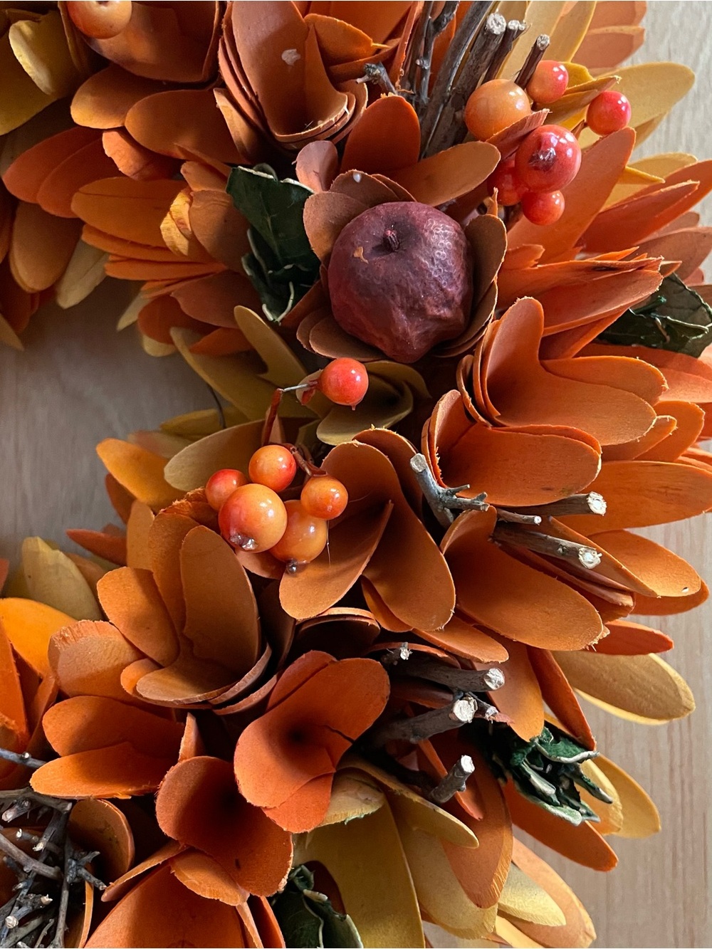 Fall/Halloween/Thanksgiving Carved Wooden Flower/Berry Wreath - Picture 3 of 4